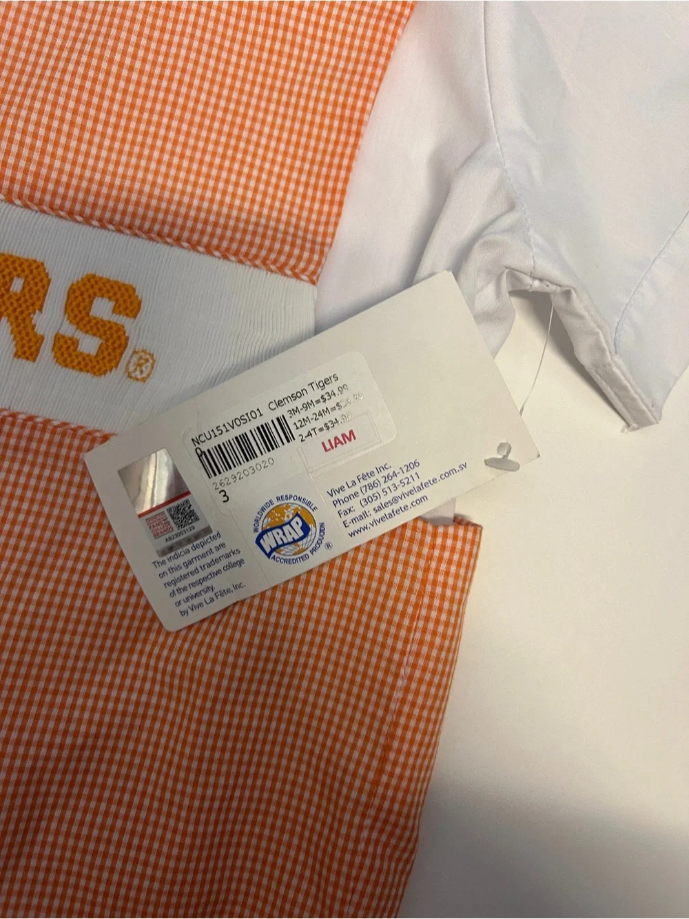 Vive La Fête Clemson Tigers Boys Gingham Shortall Set Size 3 NWT
